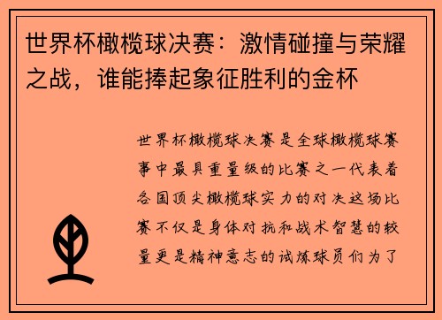 世界杯橄榄球决赛：激情碰撞与荣耀之战，谁能捧起象征胜利的金杯